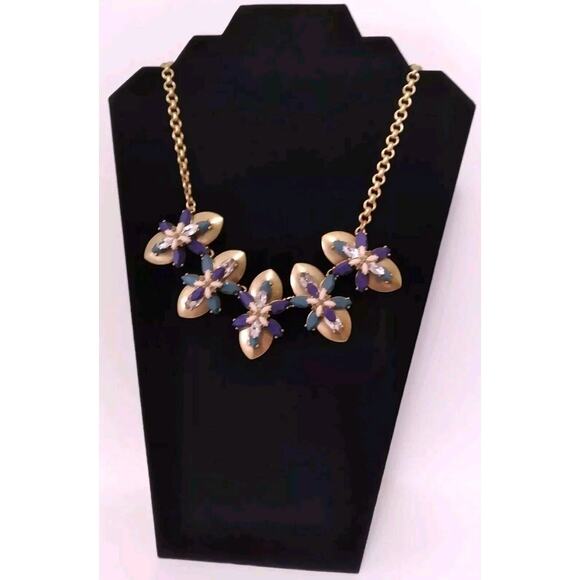 J. Crew Necklace Vintage Blue Purple Pink Rhinestones Statement Goldtone Signed - Picture 1 of 8